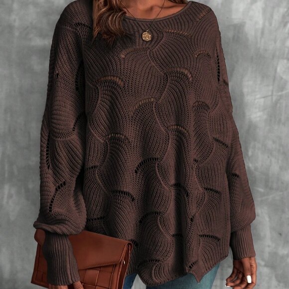 Brown Casual Womens Lantern Sleeve Pointelle Knit Pullover Sweater - Picture 1 of 7